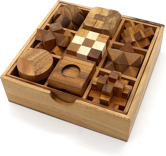 9 Puzzles in a Box - Wooden Brain Teaser Puzzles, 3D Puzzles for Adults, Educational Kids Games, Mind Puzzles for Adults and Brain Games for Kids, Ideal for Birthday Gifts and Patio Decor