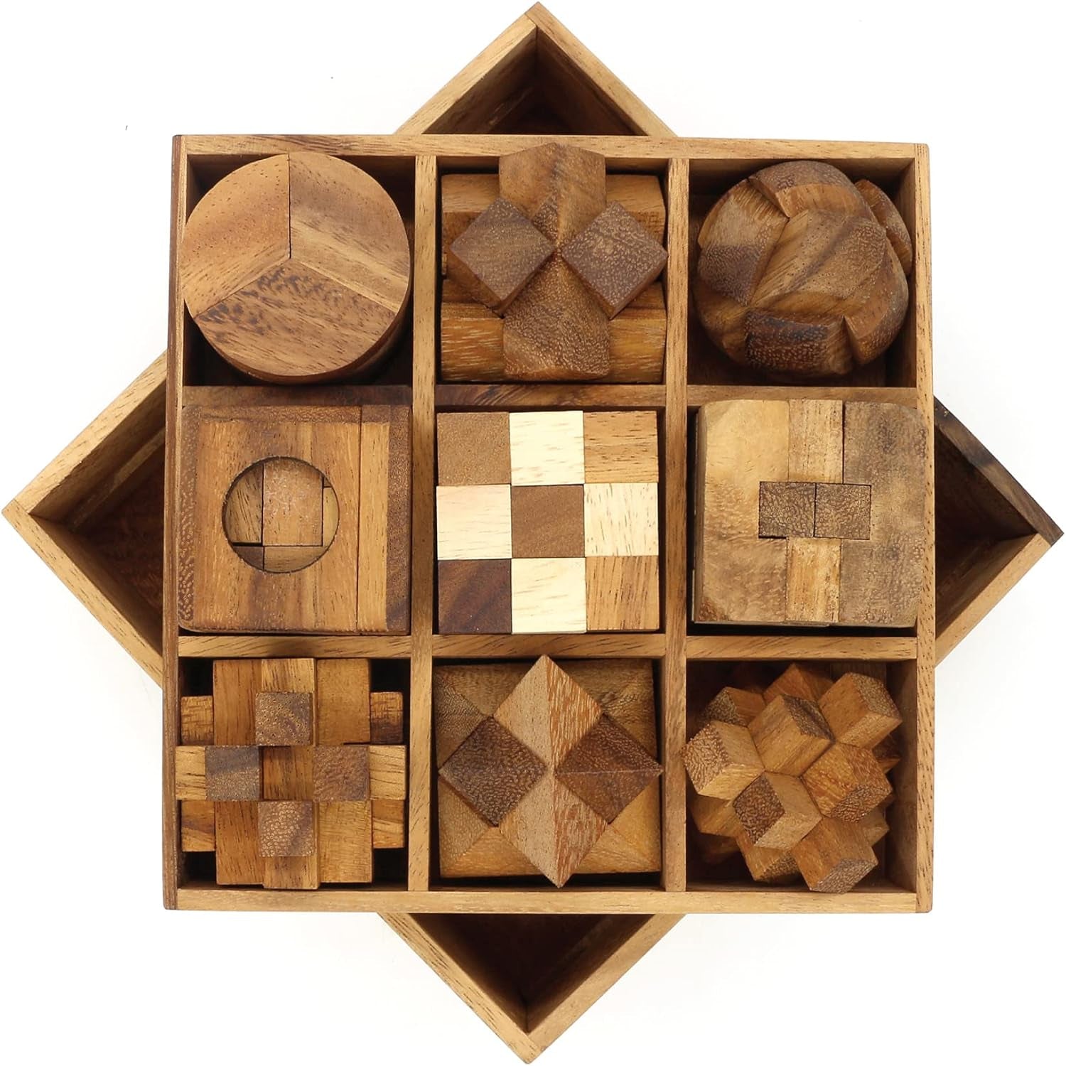 9 Puzzles in a Box - Wooden Brain Teaser Puzzles, 3D Puzzles for Adults, Educational Kids Games, Mind Puzzles for Adults and Brain Games for Kids, Ideal for Birthday Gifts and Patio Decor