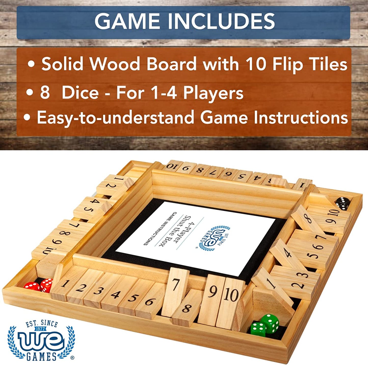14 Inch 4-Player Shut the Box Wooden Board Game, Natural Wood